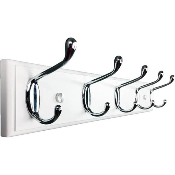 5 Silver Hooks Wood Coat Rack Wall Mount, 17.3’’, Heavy Duty Hooks, White - Picture 1 of 6